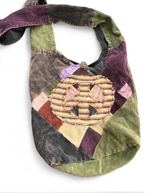 Kathmandu Imports Boho Corduroy Patchwork Peace Sign Slouchy Hobo Crossbody Bag